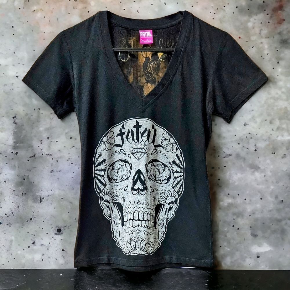 FATAL Women's NEW V- Neck Skull Rose Lace Sexy Tee. - Picture 2 of 12